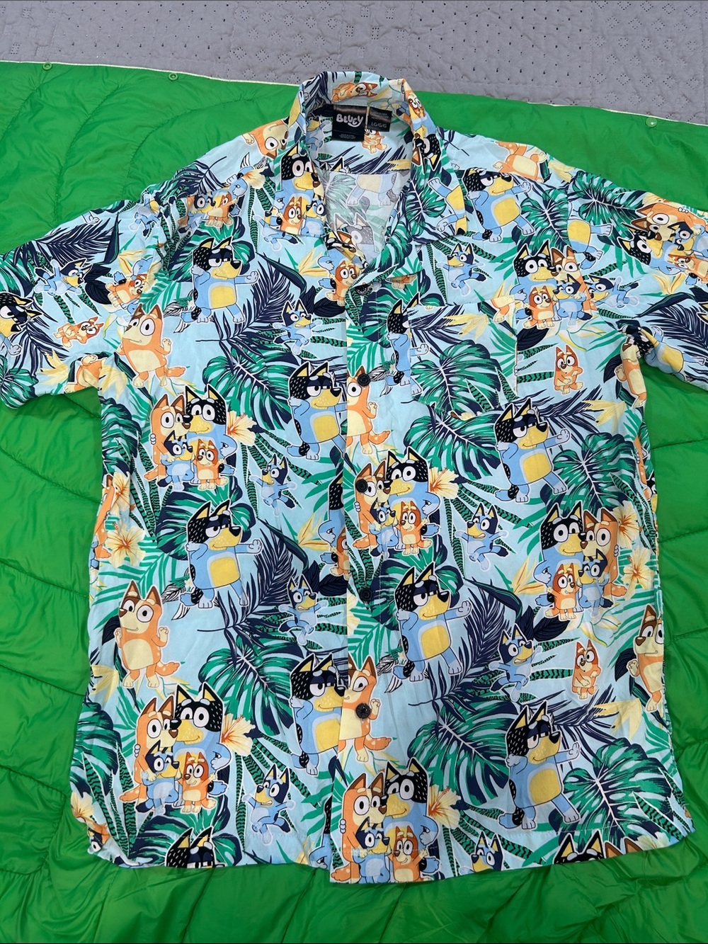 bluey Hawaiian Light Blue Cartoon Tropical Button-Down Shirt large